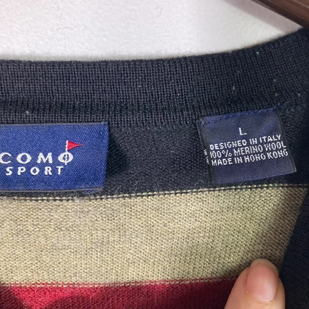 Mens Como Sport Merino Wool Sweater Pullover Stripes‎ Tan Green Black Red L